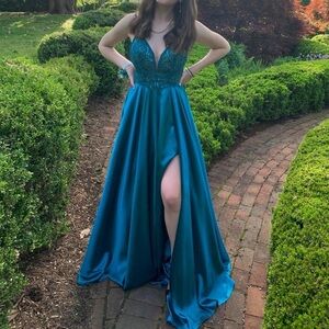 Faviana Teal Prom Dress with Lace Bodice